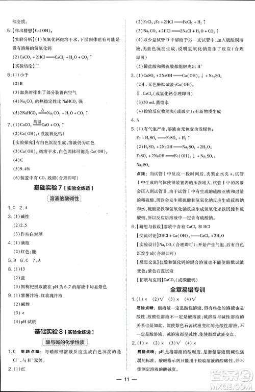 山西教育出版社2024年春荣德基点拨训练九年级化学下册沪教版参考答案