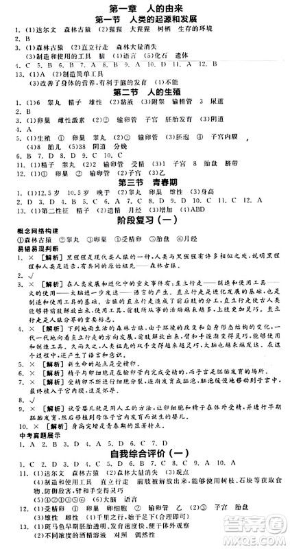 阳光出版社2024年春全品作业本七年级生物下册人教版内蒙古专版答案 阳光出版社2024年春全品作业本七年级生物下册人教版内蒙古专版答案