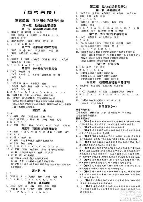 沈阳出版社2024年春全品作业本八年级生物下册人教版内蒙古专版答案