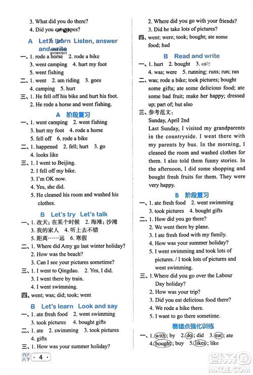 江西教育出版社2024年春阳光同学默写小达人六年级英语下册人教版参考答案