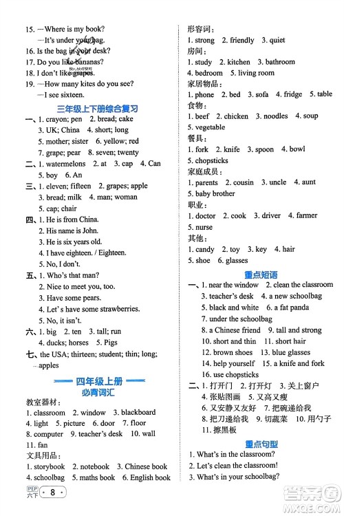 江西教育出版社2024年春阳光同学默写小达人六年级英语下册人教版参考答案