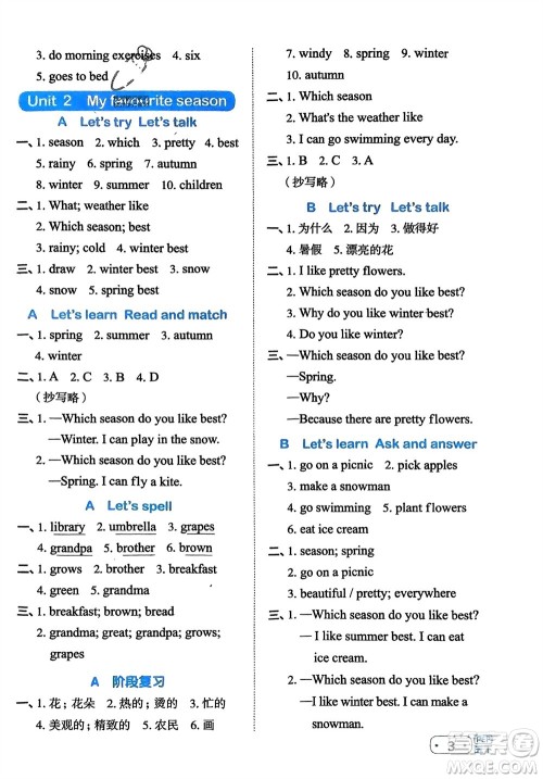 江西教育出版社2024年春阳光同学默写小达人五年级英语下册人教版参考答案