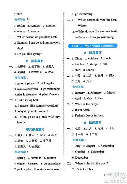 江西教育出版社2024年春阳光同学默写小达人五年级英语下册人教版参考答案