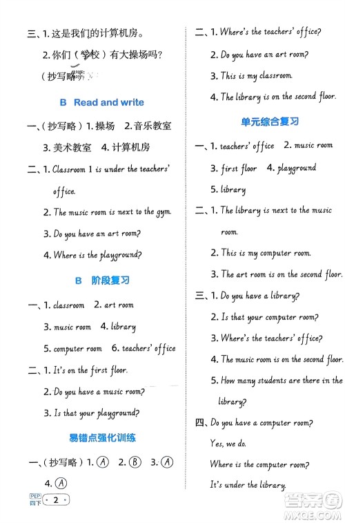 江西教育出版社2024年春阳光同学默写小达人四年级英语下册人教版参考答案