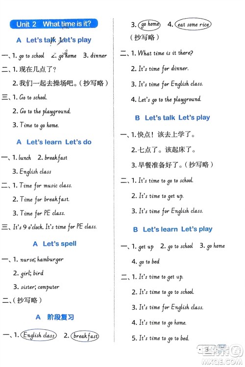 江西教育出版社2024年春阳光同学默写小达人四年级英语下册人教版参考答案 江西教育出版社2024年春阳光同学默写小达人四年级英语下册人教版参考答案