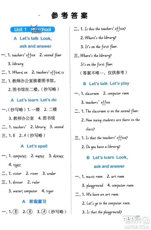 江西教育出版社2024年春阳光同学默写小达人四年级英语下册人教版参考答案