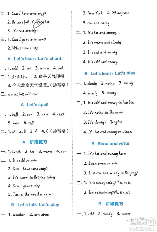 江西教育出版社2024年春阳光同学默写小达人四年级英语下册人教版参考答案