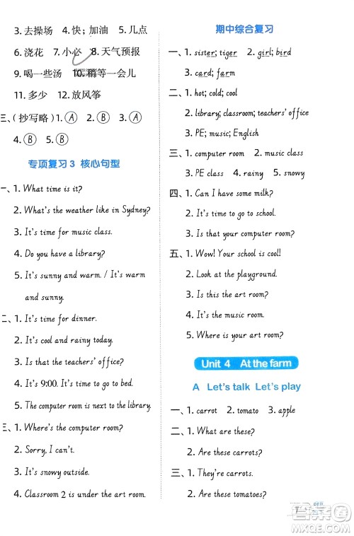 江西教育出版社2024年春阳光同学默写小达人四年级英语下册人教版参考答案 江西教育出版社2024年春阳光同学默写小达人四年级英语下册人教版参考答案
