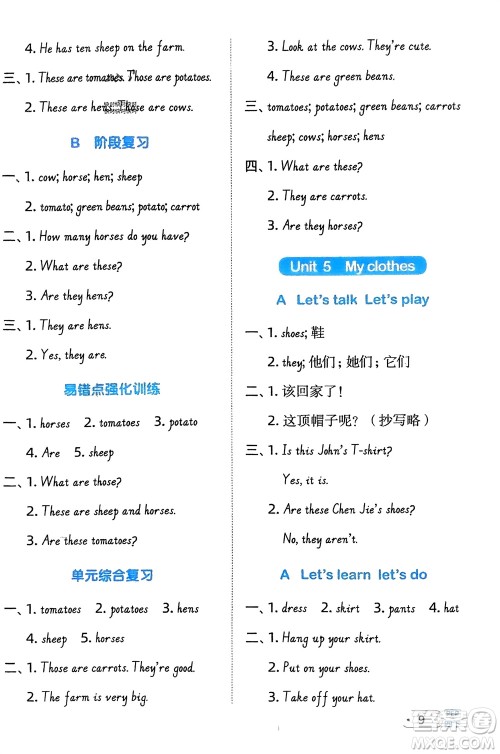 江西教育出版社2024年春阳光同学默写小达人四年级英语下册人教版参考答案 江西教育出版社2024年春阳光同学默写小达人四年级英语下册人教版参考答案