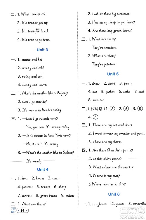 江西教育出版社2024年春阳光同学默写小达人四年级英语下册人教版参考答案