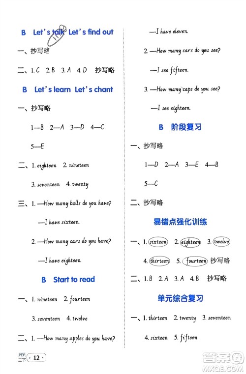 江西教育出版社2024年春阳光同学默写小达人三年级英语下册人教版参考答案