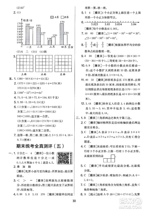 江苏人民出版社2024年春实验班提优大考卷四年级数学下册人教版答案