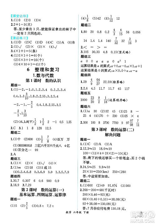 人民教育出版社2024年春人教金学典同步解析与测评学考练六年级数学下册人教版云南专版答案