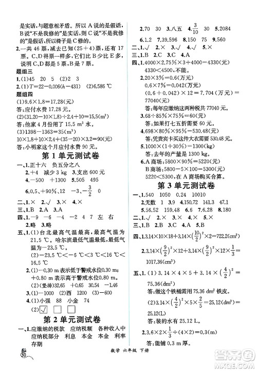 人民教育出版社2024年春人教金学典同步解析与测评学考练六年级数学下册人教版云南专版答案