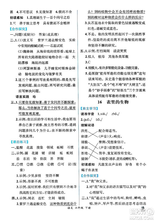 人民教育出版社2024年春人教金学典同步解析与测评学考练六年级语文下册人教版云南专版答案