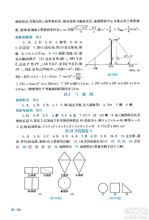 上海科学技术出版社2024年春初中数学同步练习九年级数学下册沪科版答案