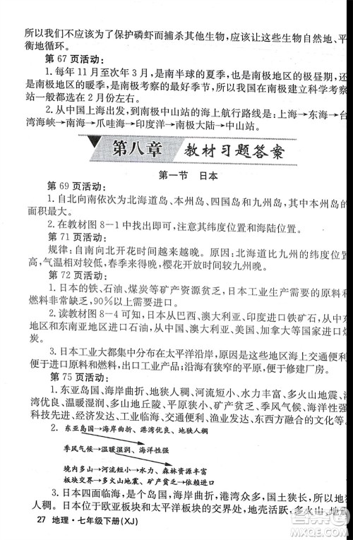 中华地图学社2024年春课堂点睛七年级地理下册湘教版参考答案