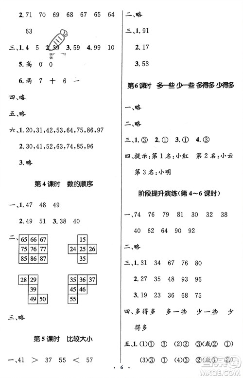 人民教育出版社2024年春人教金学典同步解析与测评学考练一年级数学下册人教版新疆专版参考答案