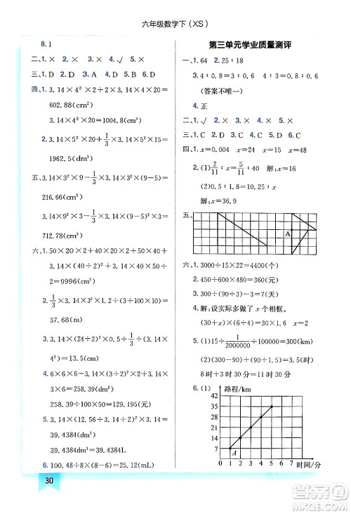 龙门书局2024年春黄冈小状元作业本六年级数学下册西师版答案