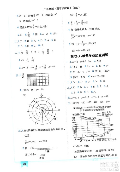 龙门书局2024年春黄冈小状元作业本五年级数学下册北师大版广东专版答案