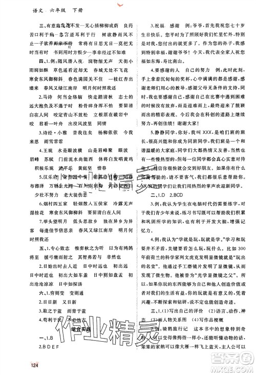 广西师范大学出版社2024年春新课程学习与测评同步学习六年级语文下册人教版参考答案