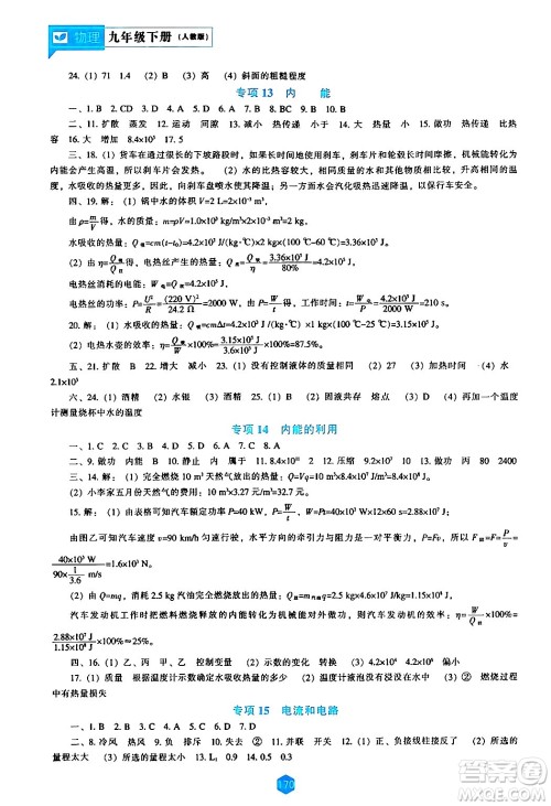 辽海出版社2024年春新课程物理能力培养九年级物理下册人教版答案