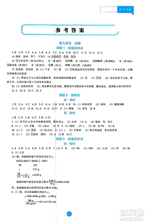 辽海出版社2024年春新课程化学能力培养九年级化学下册人教版答案