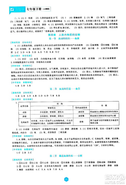 辽海出版社2024年春新课程生物学能力培养七年级生物下册人教版答案