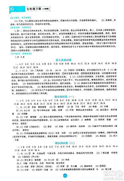辽海出版社2024年春新课程生物学能力培养七年级生物下册人教版答案 辽海出版社2024年春新课程生物学能力培养七年级生物下册人教版答案