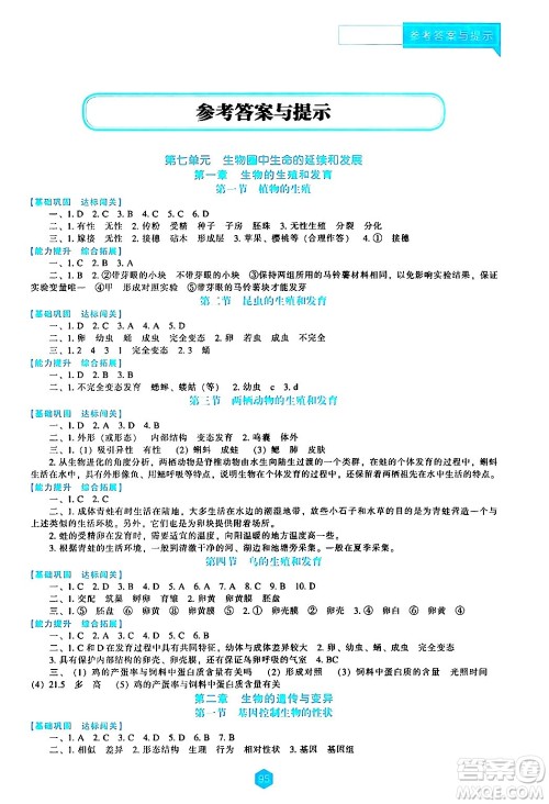 辽海出版社2024年春新课程生物学能力培养八年级生物下册人教版答案