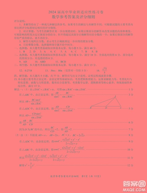 福建2024届高中毕业班适应性练习卷数学试卷答案