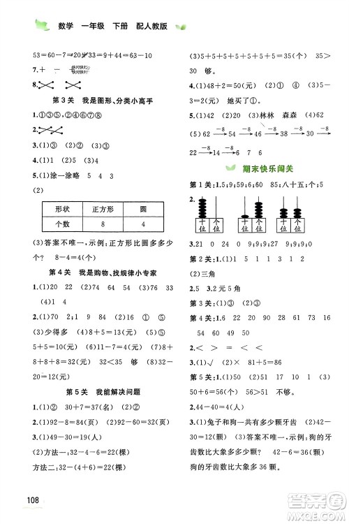 广西师范大学出版社2024年春新课程学习与测评同步学习一年级数学下册人教版参考答案 广西师范大学出版社2024年春新课程学习与测评同步学习一年级数学下册人教版参考答案