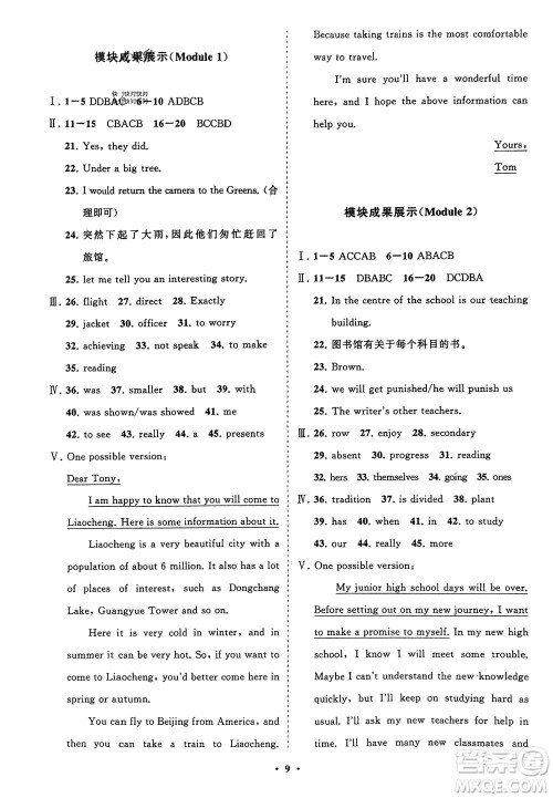 山东教育出版社2024年春初中同步练习册分层卷九年级英语下册外研版参考答案