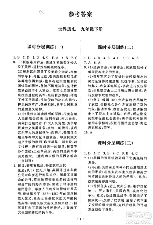 山东教育出版社2024年春初中同步练习册分层卷九年级历史下册通用版参考答案 山东教育出版社2024年春初中同步练习册分层卷九年级历史下册通用版参考答案
