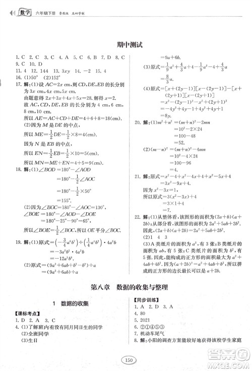 山东科学技术出版社2024年春初中同步练习册六年级数学下册五四制鲁教版参考答案