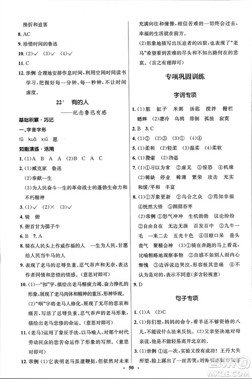 山东人民出版社2024年春初中同步练习册六年级语文下册五四制人教版参考答案