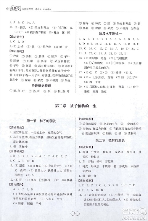山东科学技术出版社2024年春初中同步练习册六年级生物下册五四制鲁科版参考答案 山东科学技术出版社2024年春初中同步练习册六年级生物下册五四制鲁科版参考答案