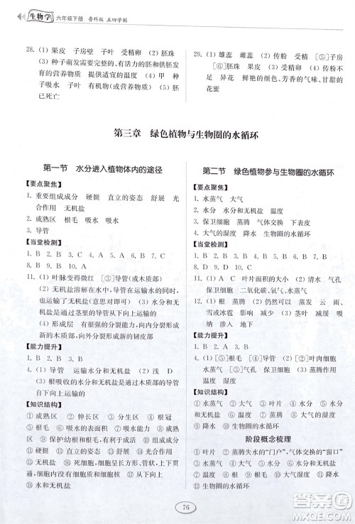 山东科学技术出版社2024年春初中同步练习册六年级生物下册五四制鲁科版参考答案 山东科学技术出版社2024年春初中同步练习册六年级生物下册五四制鲁科版参考答案