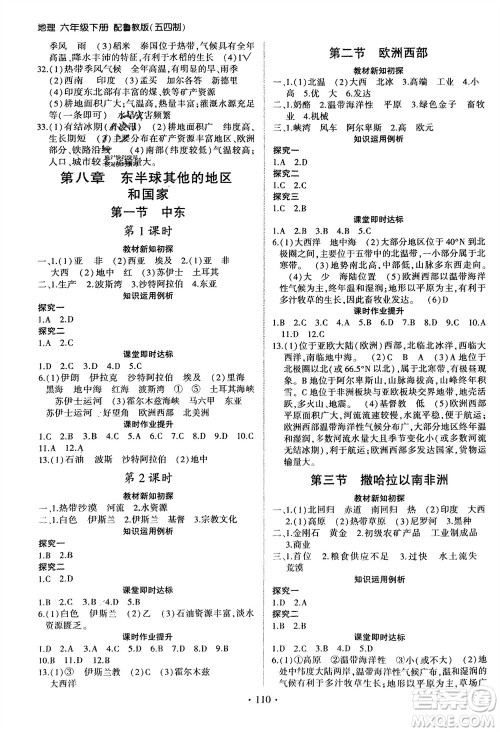 山东人民出版社2024年春初中同步练习册六年级地理下册五四制鲁教版参考答案