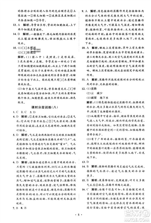 山东教育出版社2024年春初中同步练习册分层卷六年级生物下册五四制鲁科版参考答案