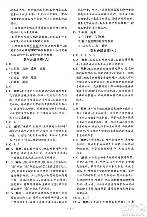 山东教育出版社2024年春初中同步练习册分层卷六年级生物下册五四制鲁科版参考答案