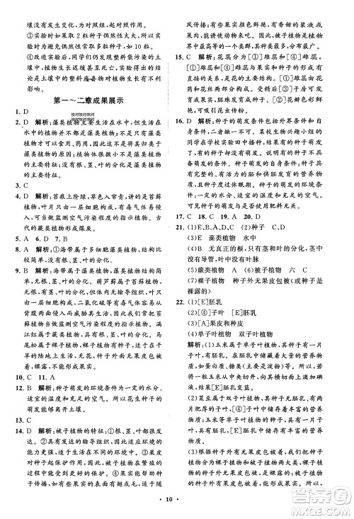 山东教育出版社2024年春初中同步练习册分层卷六年级生物下册五四制鲁科版参考答案