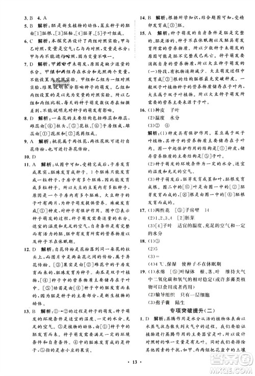 山东教育出版社2024年春初中同步练习册分层卷六年级生物下册五四制鲁科版参考答案