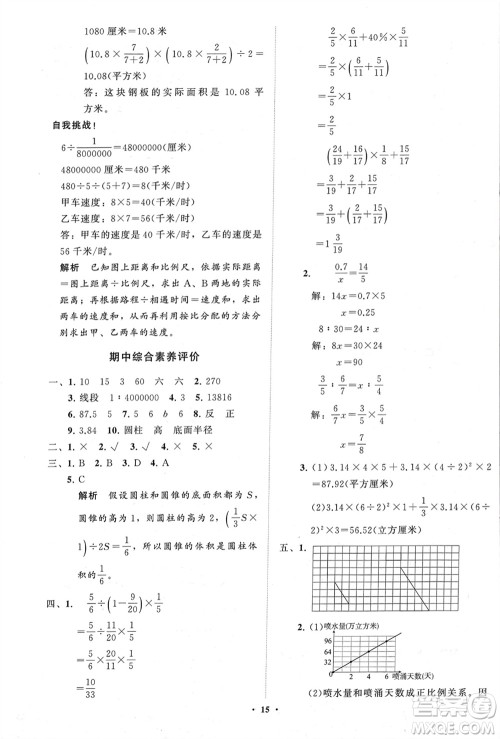 山东教育出版社2024年春小学同步练习册分层指导六年级数学下册通用版参考答案