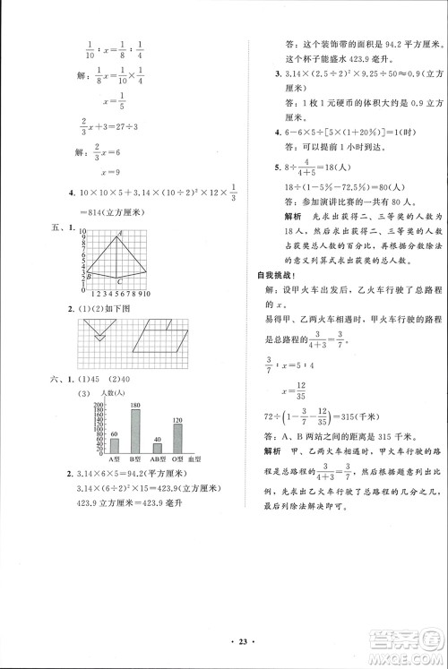 山东教育出版社2024年春小学同步练习册分层指导六年级数学下册通用版参考答案