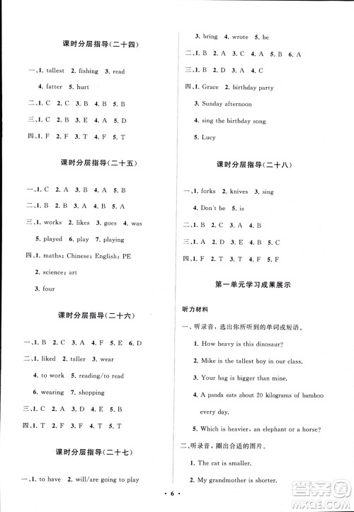 山东教育出版社2024年春小学同步练习册分层指导六年级英语下册人教版参考答案