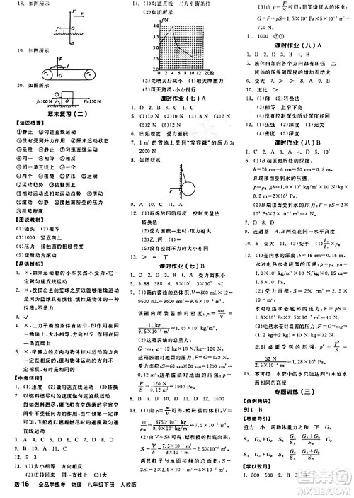 阳光出版社2024年春全品学练考八年级物理下册人教版答案