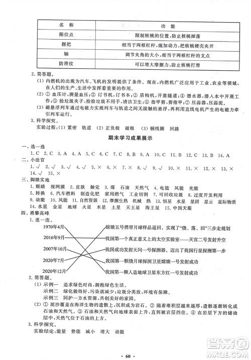 山东教育出版社2024年春小学同步练习册分层指导六年级科学下册通用版参考答案
