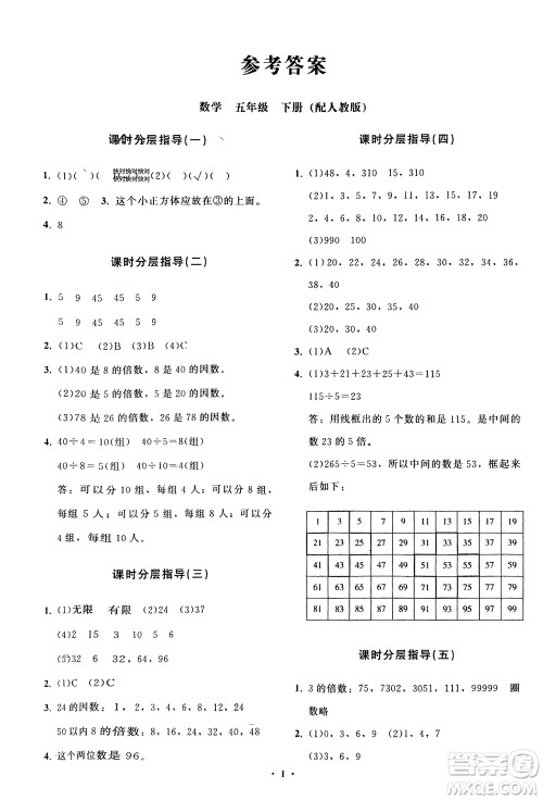 山东教育出版社2024年春小学同步练习册分层指导五年级数学下册人教版参考答案 山东教育出版社2024年春小学同步练习册分层指导五年级数学下册人教版参考答案