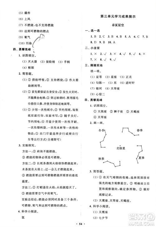 山东教育出版社2024年春小学同步练习册分层指导五年级科学下册通用版参考答案